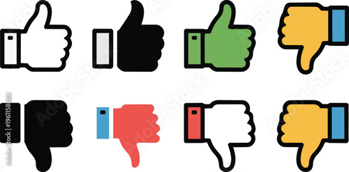 Thumbs up icon. Thumb down symbol. Like button finger up vector illustration. Dislike sign. Approve pictogram. Hand finger emoji. Positive and negative vote concept.