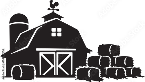 Barn silhouette with stacked hay bales.