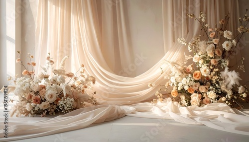Soft, sunlit floral arrangement & draped fabric backdrop for a romantic, elegant setting