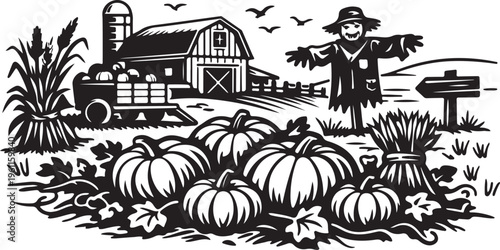 Pumpkin patch harvest scene black vector.