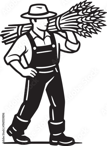 Farmer carrying wheat sheaf on shoulder, vector illustration