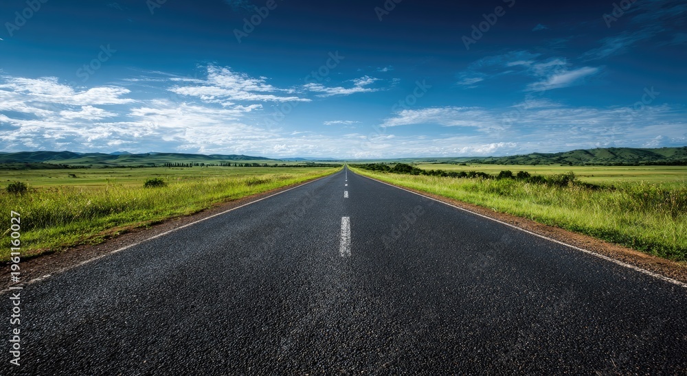 Fototapeta premium A long, empty asphalt road stretches towards rolling green hills under a vast blue sky