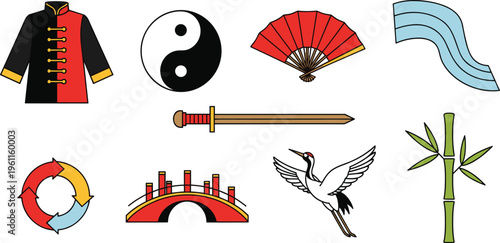 Chinese Culture Traditional Elements Set with Yin Yang Fan Sword Bridge Crane Bamboo and Asian Clothing Vector Illustration