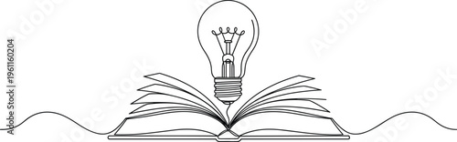 Continuous line drawing of open book with light bulb, knowledge and inspiration concept, educational vector illustration design isolated on white background