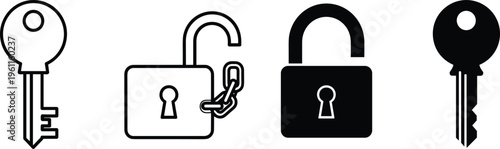 Keys and padlocks security icons showing locked and unlocked states with chain, access restriction, black vector illustration isolated on white background