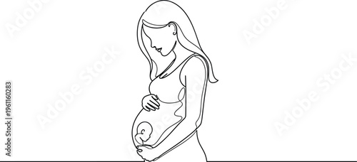 Silhouette of pregnant woman cradling belly with fetus inside, maternal health, prenatal development, isolated black vector icon illustration on white background
