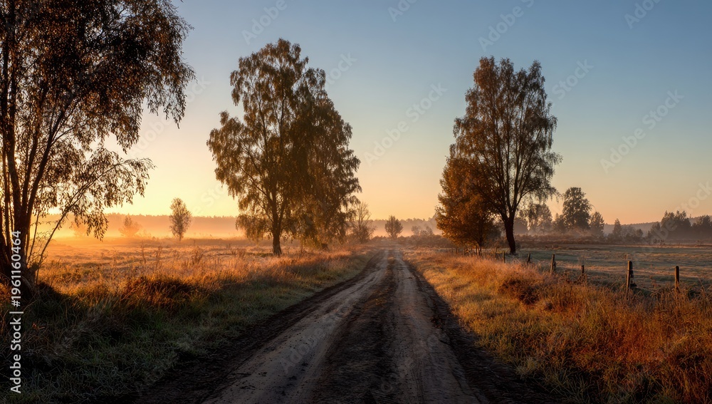 Naklejka premium Rural dirt road at sunrise with trees and mist.