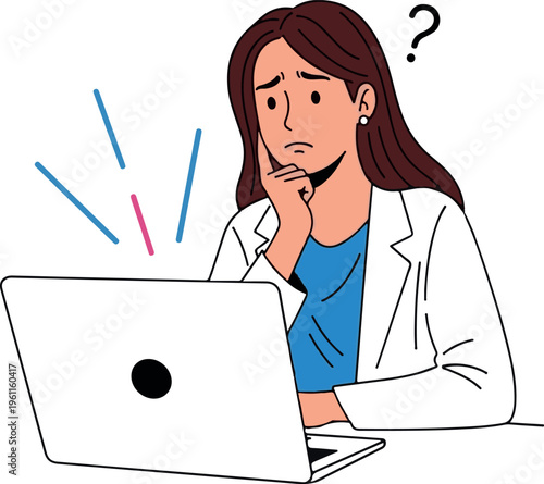 A woman in a lab coat puzzled by her laptop