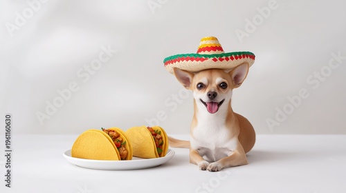 Chihuahua wearing a colorful sombrero sits next to a plate of tacos in a bright setting during a fun meal time