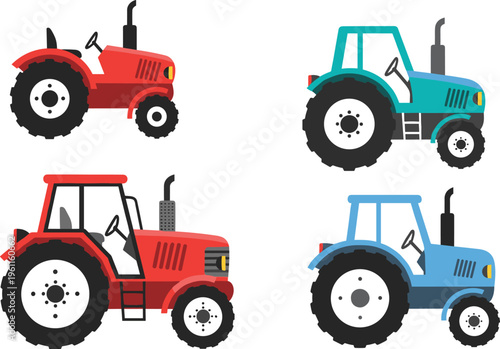 Set of colorful agricultural tractor vectors including red and blue farm machinery icons for farming industry and rural transport design.
