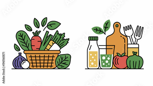 Organic Diet & Nutrition Concept Line Banner Pack – Wellness and Clean Eating Outline Design