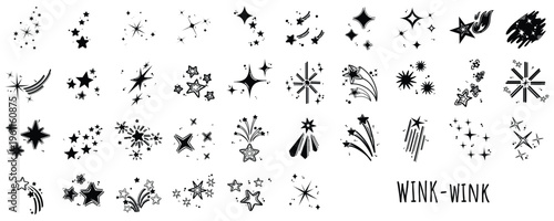 Hand drawn cute winking star doodle vector set. Black and white line art of smiling stars, sparkles, and playful celestial expressions for design.