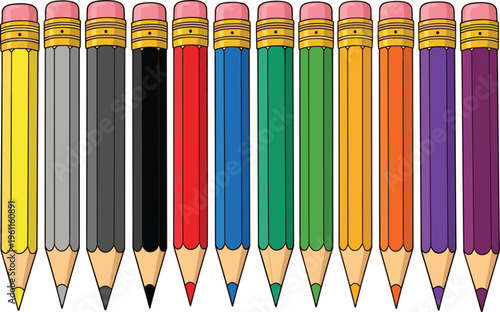 Set of colorful graphite pencils with erasers including yellow, red, blue, green, and purple shades for school and art supplies.