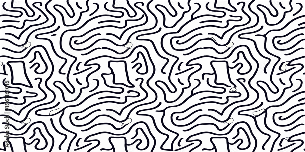 Fototapeta premium Abstract seamless vector pattern illustration featuring geometric black lines and curved wave shapes for a decorative fabric print or wallpaper texture