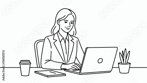 Professional Business Woman Working on Laptop – Minimal Office Line Illustration Set