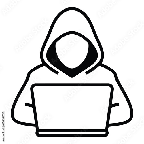 Hooded figure using a laptop computer.