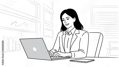 Corporate Office Workspace Line Art Collection – Business Woman Laptop Scene Outline