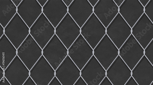 Metal wire chain fence on background of dark concrete wall. Seamless pattern of MMA cage grate with iron chainlink. Metal lattice of prison fence, vector illustration