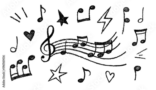 Black crayon music icons with notes, staff, treble clef. Hand drawn charcoal musical signs set isolated on white background. Note sheet elements with crayon pencil texture, vector illustration