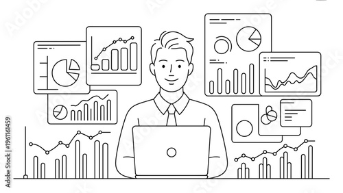 Business Analytics Line Illustration Set – Man Working with Charts & Graphs Outline Collection