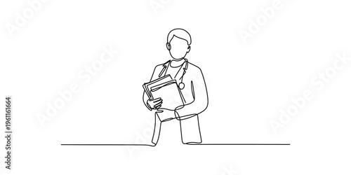 Continuous line drawing of a professional doctor holding medical records and wearing a stethoscope