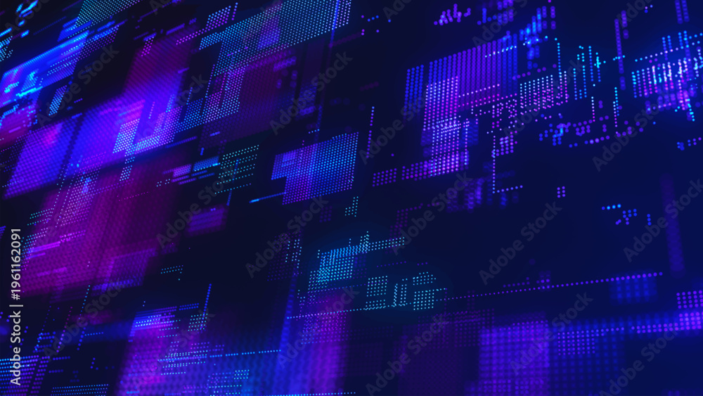 Obraz premium A futuristic high-tech background with a digital pixel matrix pattern on a blue background. A data stream or a futuristic map of a technological network. Dynamic particles of digital data penetrate cy