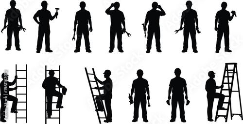 Set of construction worker silhouettes including contractors climbing ladders and holding hand tools isolated on white background for industrial service design
