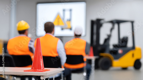Wallpaper Mural Industrial safety training session with workers in high-visibility vests and hard hats, focused on a projection with a forklift graphic Torontodigital.ca