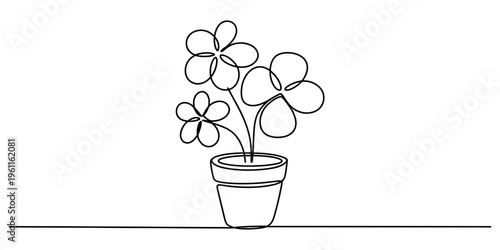 Continuous one line drawing of a beautiful bouquet of three blooming flowers in a clay pot Vector, illustration