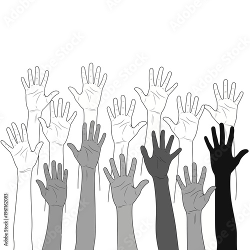 Diverse hands raised in solidarity together.