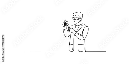 Continuous line drawing of a scientist in a lab coat holding a test tube for research.
