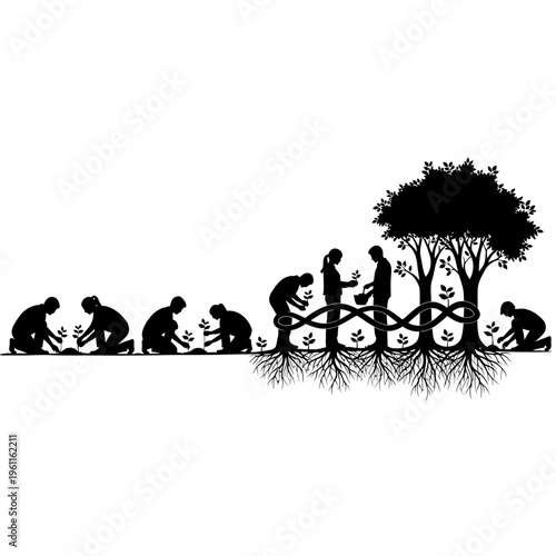 Evolution of man planting tree silhouettes.