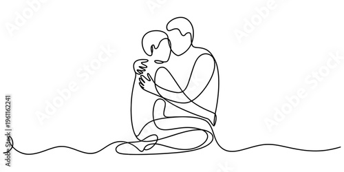 Continuous line drawing of a romantic couple embracing in an intimate hug on a white background. Vector, illustration