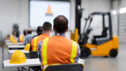 Industrial workers attend a safety training seminar with hard hats on desks, focused on a projection screen and a forklift in the background for practical learning