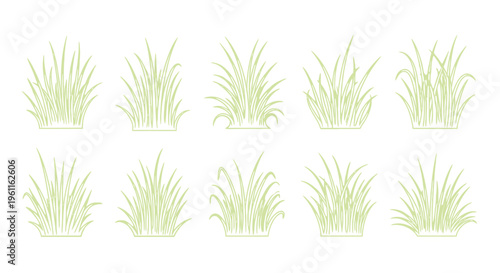 Collection of ten distinct green line art drawings representing tufts of grass isolated on white