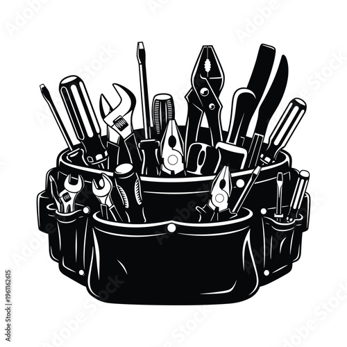 Professional tool belt vector silhouette filled with various construction equipment.