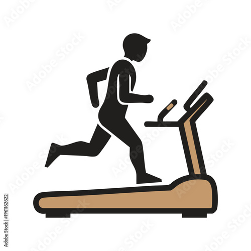 Treadmill running icon: silhouette of person jogging on exercise machine, cardio workout, line art
