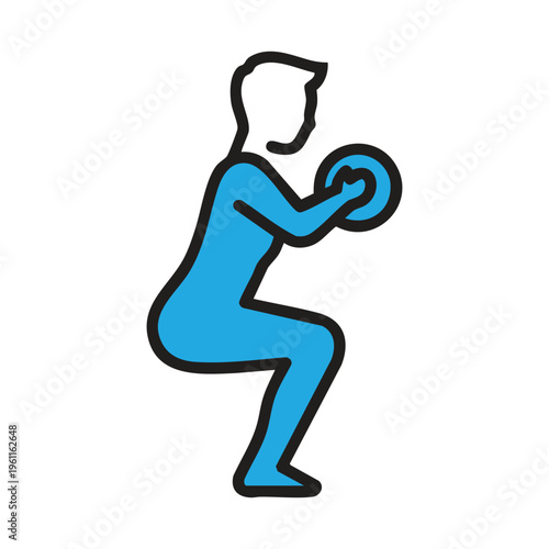 Weight squat exercise: person in blue silhouette performing squats with medicine ball with leg day