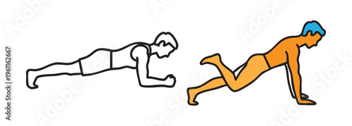 Plank and push up exercises: two silhouettes showing core strength and upper body workout with push up