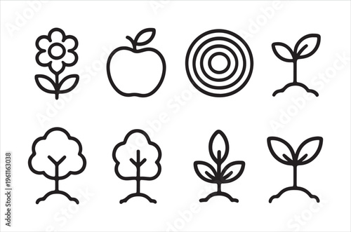 Minimalist black and white line art icons depicting various plant life forms
