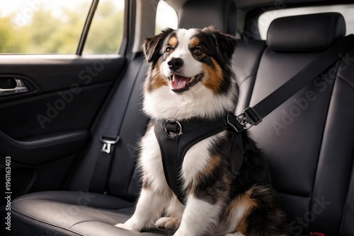 Happy dog wearing seatbelt harness safely secured in car backseat during road trip