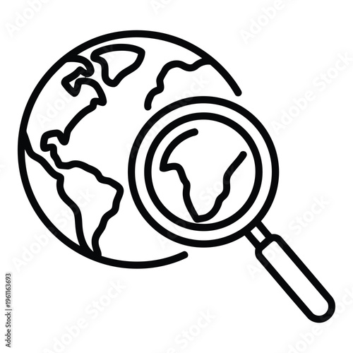 Magnifying glass over globe icon.
