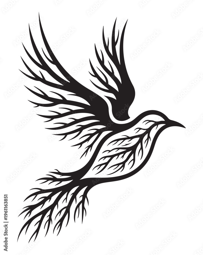 Naklejka premium Black Bird Flying with Branch Wings Isolated on White