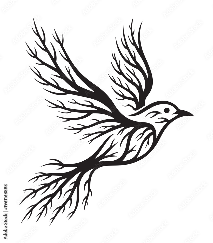 Fototapeta premium Black Bird Flying with Branch Wings Isolated on White