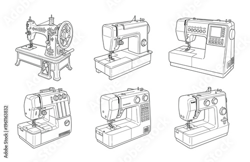 Collection of sewing machines for crafting and tailoring vector illustration.