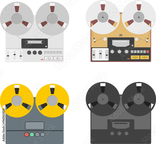 Vintage reel to reel tape recorder set retro audio player flat vector illustration analog technology icons