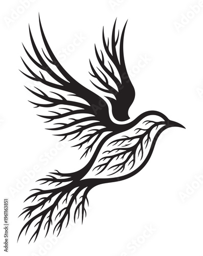 Black Bird Flying with Branch Wings Isolated on White