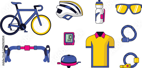 Cycling Equipment Set with Road Bike Helmet Sunglasses Jersey Bell Lock and Accessories Vector Illustration