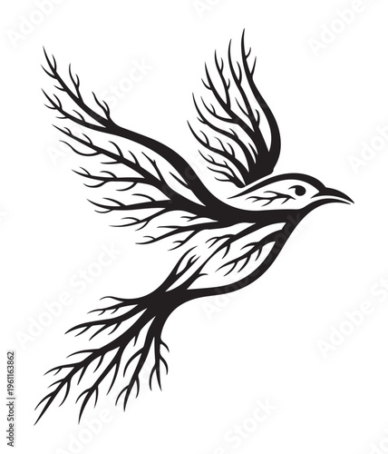 Black Bird Flying with Tree Branches Isolated on White Background