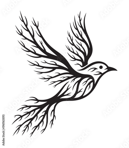 Black Bird Flying with Branch Wings Isolated on White